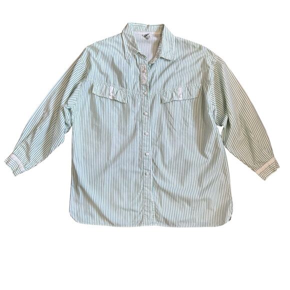 Vtg Green White Stripe Dress Shirt Collar Cuff Button Up Top Size 38 - Picture 14 of 14